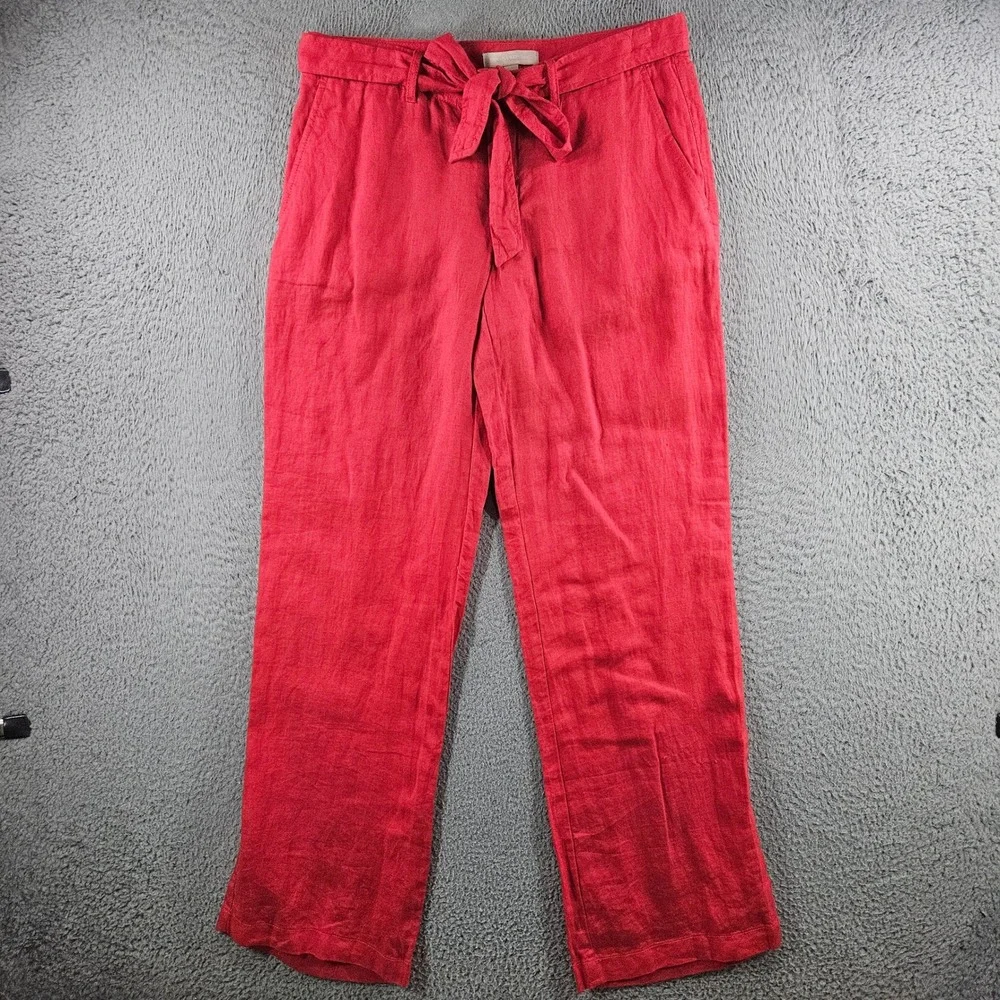 Banana Republic Red 100% Linen Straight Leg Tie Waist Pants Womens 4 High Rise - Picture 1 of 10